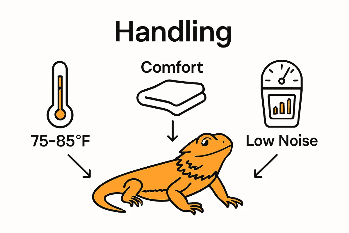 Infographic showing ideal environment setup for handling bearded dragon: room temperature, soft towel, and quiet space.