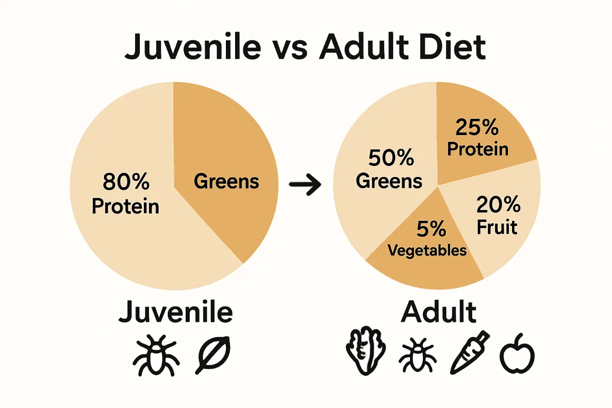 Infographic showing juvenile vs adult bearded dragon diet proportions.