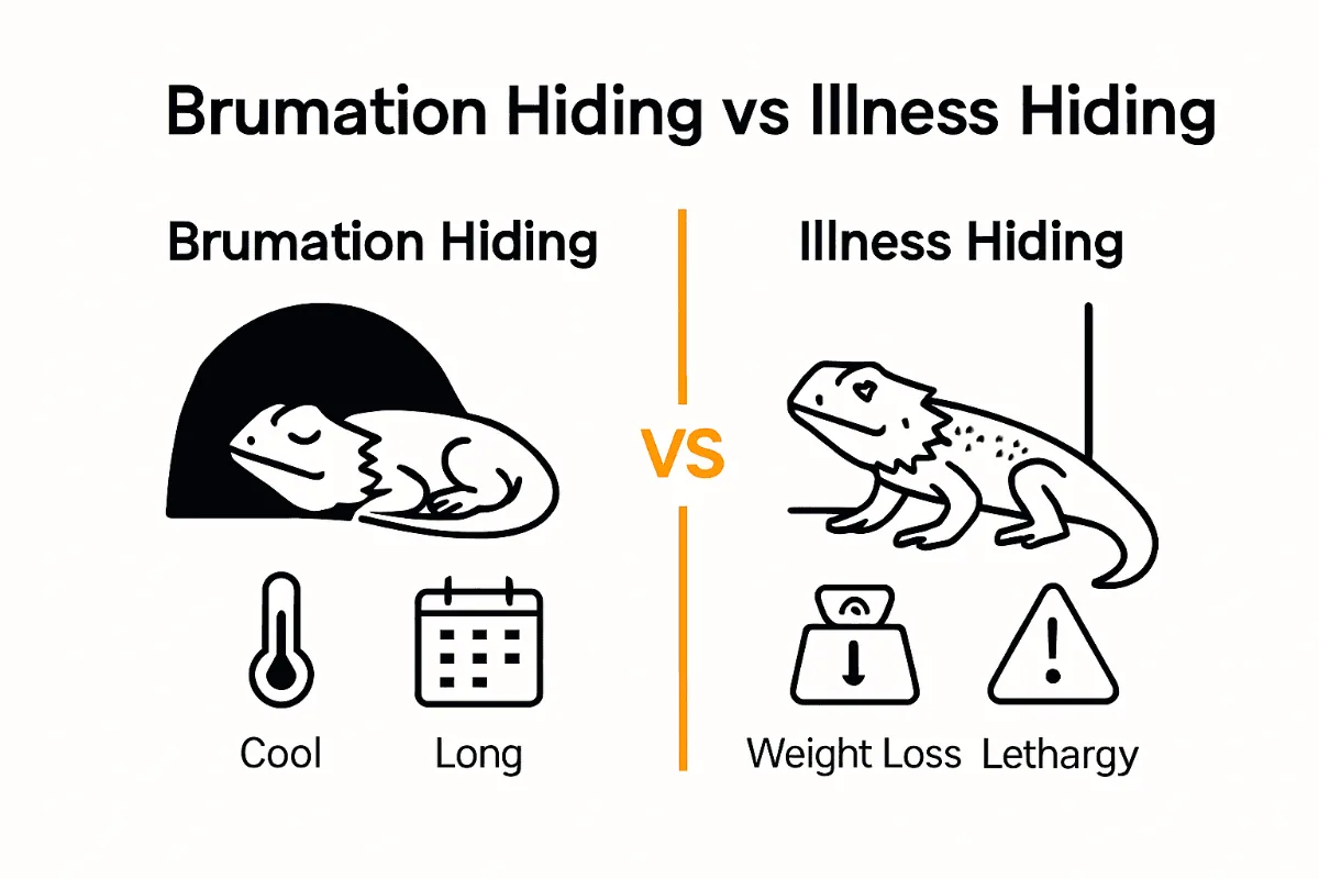 Infographic showing key differences between brumation and illness hiding in bearded dragons