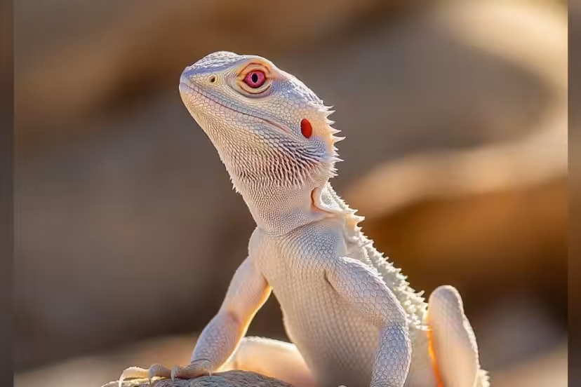 albino bearded dragon on a rock, enjoying the sun rays
