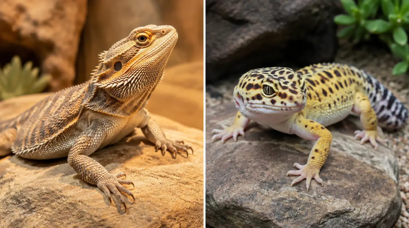 Bearded dragon and leopard gecko shown side by side