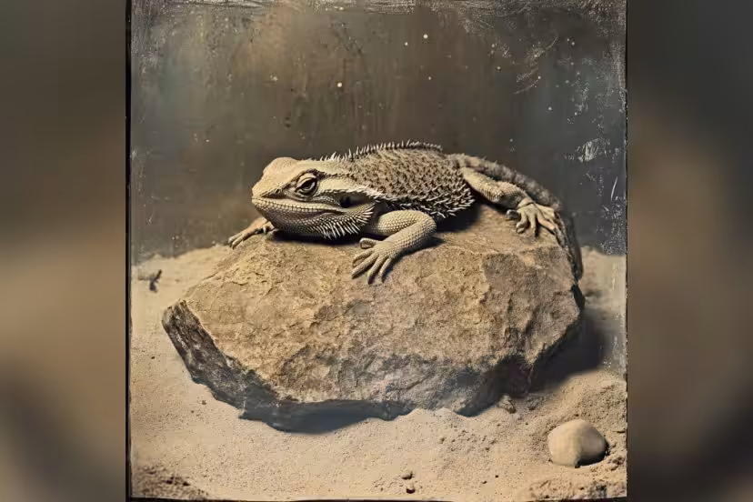 a very old bearded dragon lying on arock