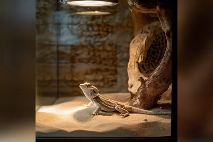 a translucent bearded dragon sitting in the sand in the middle of his tank