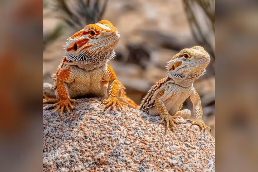 an adult and a juvenile bearded dragon side by side enjoying the sun rays on a rock