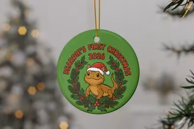 Beardie’s First Christmas 2026 bearded dragon ornament hanging on a Christmas tree