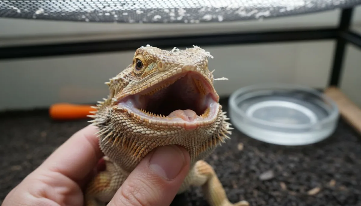 Close-up bearded dragon malocclusion inspection