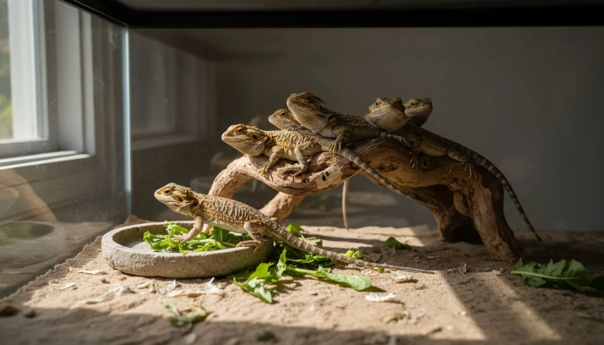 Juvenile bearded dragons grouped on branch