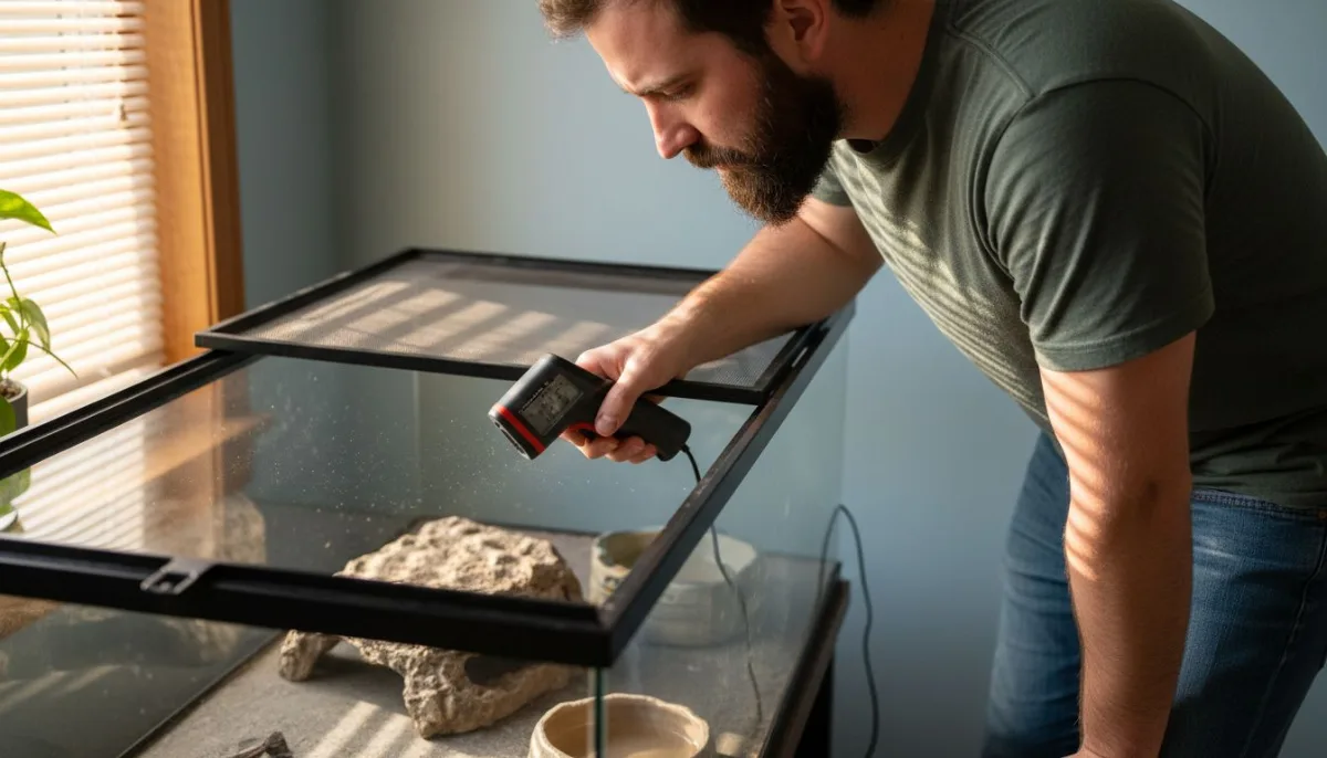 Owner checks bearded dragon's basking temperature