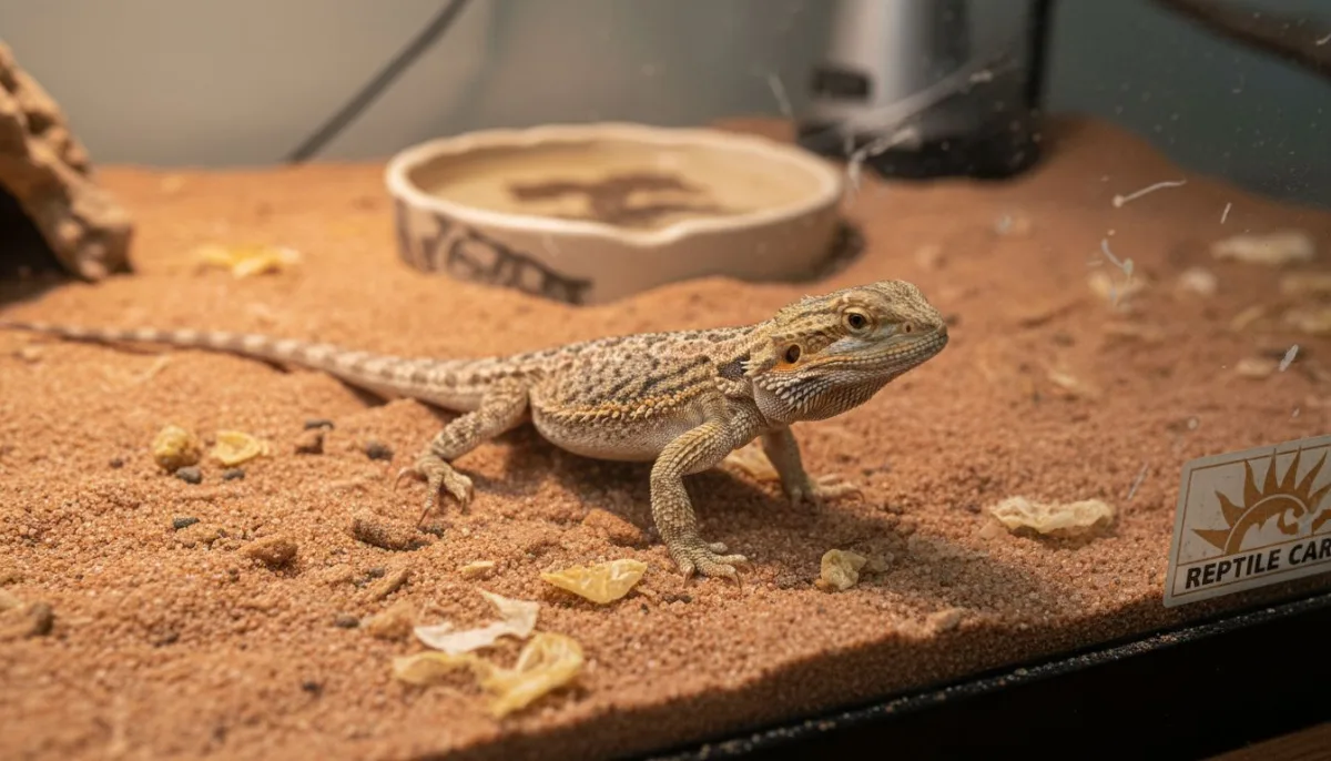 Bearded dragon on risky sandy substrate