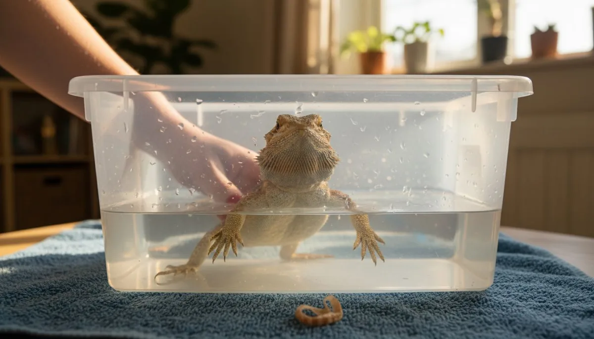Bearded dragon soaking in shallow bath