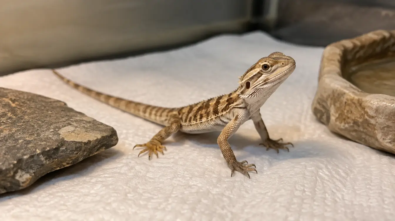 Newly hatched baby bearded dragon on a paper towel substrate