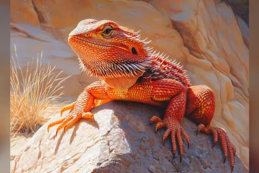 a beautiful red bearded dragon facing the camera, sittingon a rock, basking