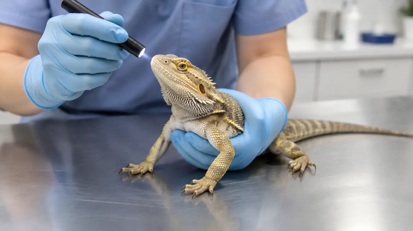 Reptile vet in gloves examining a bearded dragon with a penlight