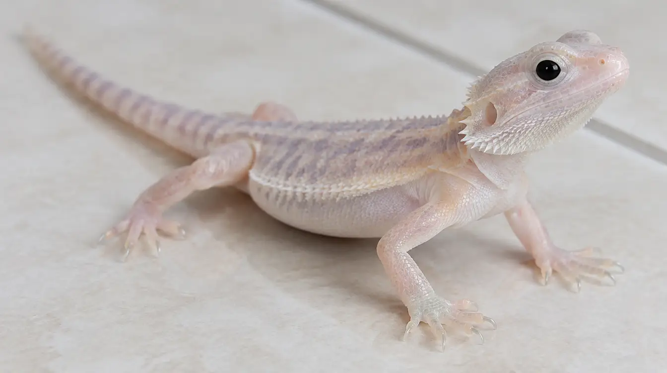 Translucent bearded dragon with pale skin and solid dark eyes